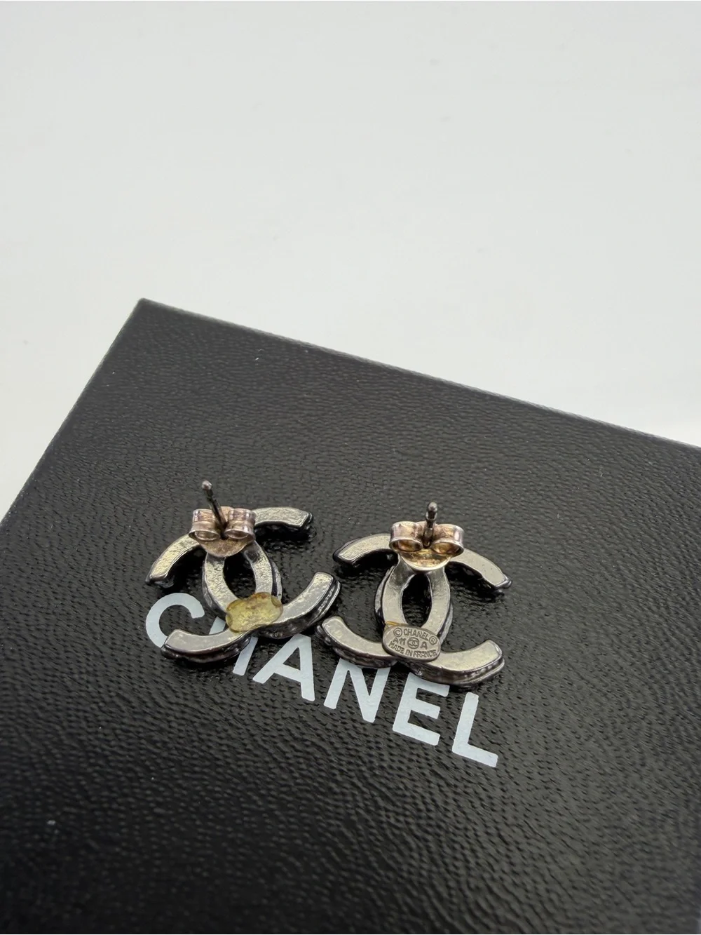 Chanel Black CC Crystal Ruthenium Studs Earrings
